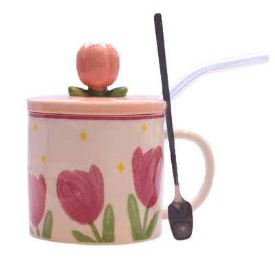 臻旺陶瓷花朵生日礼物加盖勺杯子