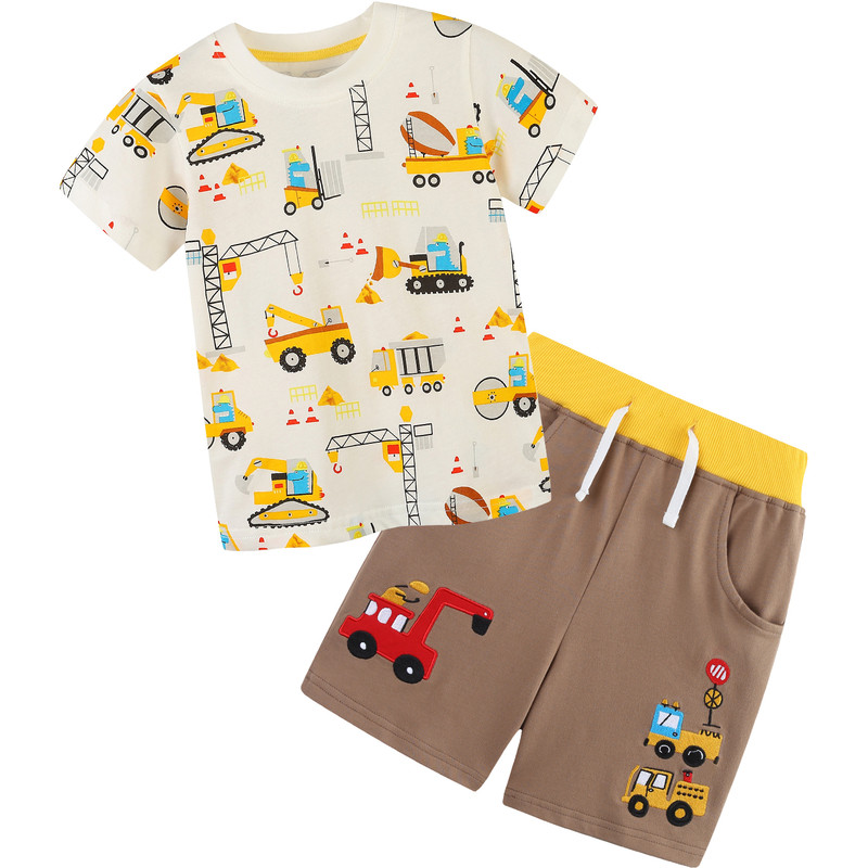 男童衣服挖掘机纯棉短袖短裤套装