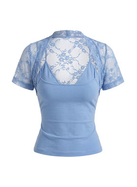 PynkiSwear 两件套T恤 假两件带胸垫吊带背心+蕾丝半截式坎肩罩衫