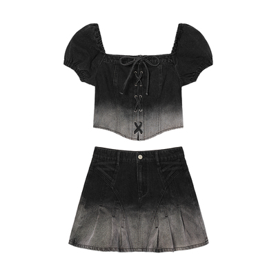 Eptison复古渐变短裙牛仔套装