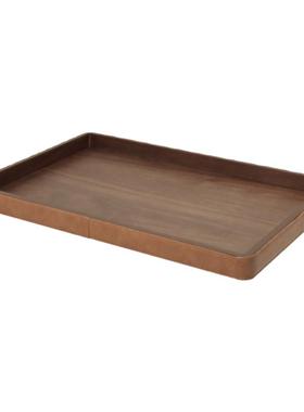 现代高档胡桃木托盘餐盘家用客厅桌面零食点心皮质收纳盘装饰摆件