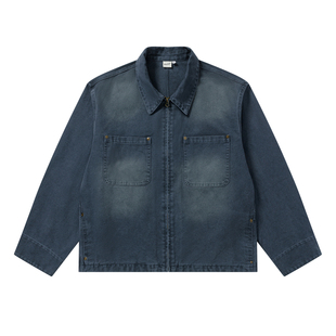 SLOWBAND美式复古翻领巴恩风洗水做旧法工蓝修身夹克短款正肩外套