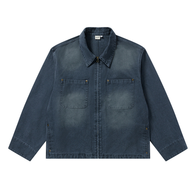 SLOWBAND美式复古翻领巴恩风洗水做旧法工蓝修身夹克短款正肩外套