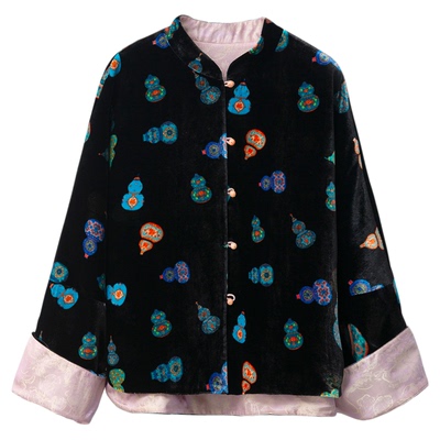 一丝牵双面穿新中式丝绒真丝立领挽袖外套桑蚕丝长袖国风开衫上衣