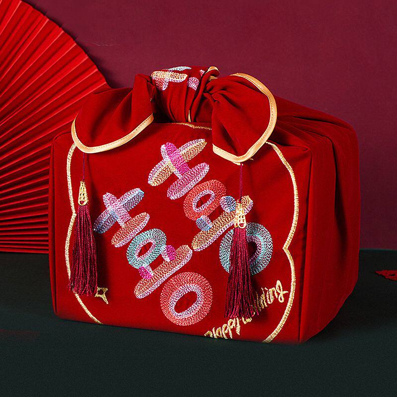 婚庆用品喜盆包裹布新娘批发单结婚红色双层收纳包袱结婚陪嫁皮