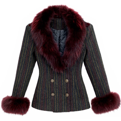 西太后复古收腰狐狸毛短款条纹西装大衣皮草修身全羊毛夹棉外套冬