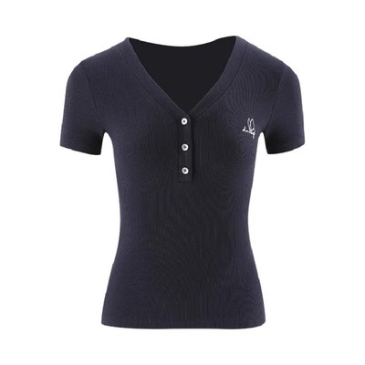 Fjwldy新款深V领口刺绣短袖修身收腰显瘦大码别致设计感上衣