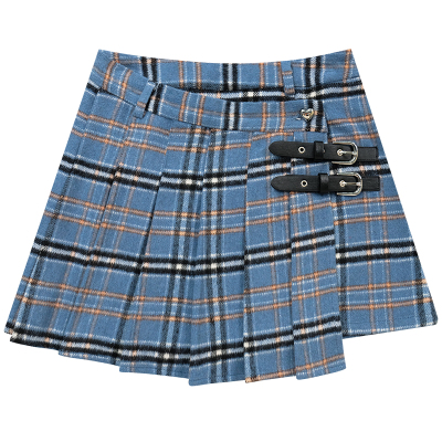 美式复古蓝色格纹皮带半裙