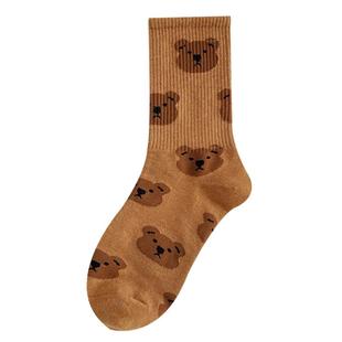 秋冬菱形格韩版可爱卡通小熊袜子女中筒袜复古咖啡色学院运动长袜