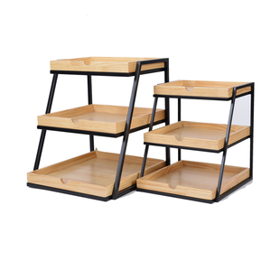 上谦三层松木盘铁架面包蛋糕干点水果陈列架超市促销架橱窗展示架