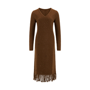 Melinda Li 【舒芙蕾】美拉德手工珠片流苏羊毛连衣裙针织裙