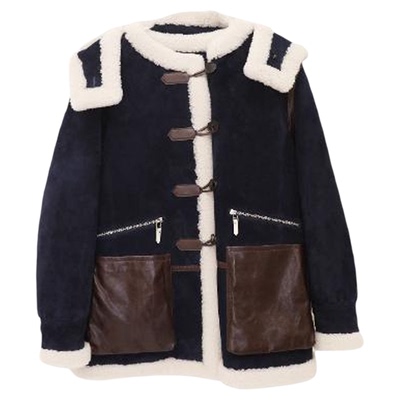 IMMI绒面皮拼羊羔毛连帽羽绒大衣