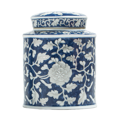 高档青花缠枝莲茶叶罐高级感