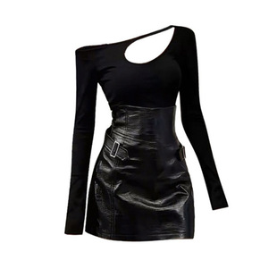 秋日美高辣妹穿搭两件套女秋季新款微胖大码高腰皮裙镂空上衣套装