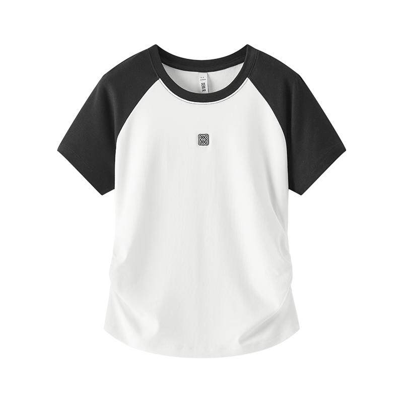 凉感T|森马短袖T恤女夏季撞色插肩袖修身褶皱刺绣显瘦小心机上衣
