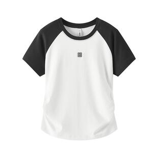 凉感T|森马短袖T恤女夏季撞色插肩袖修身褶皱刺绣显瘦小心机上衣