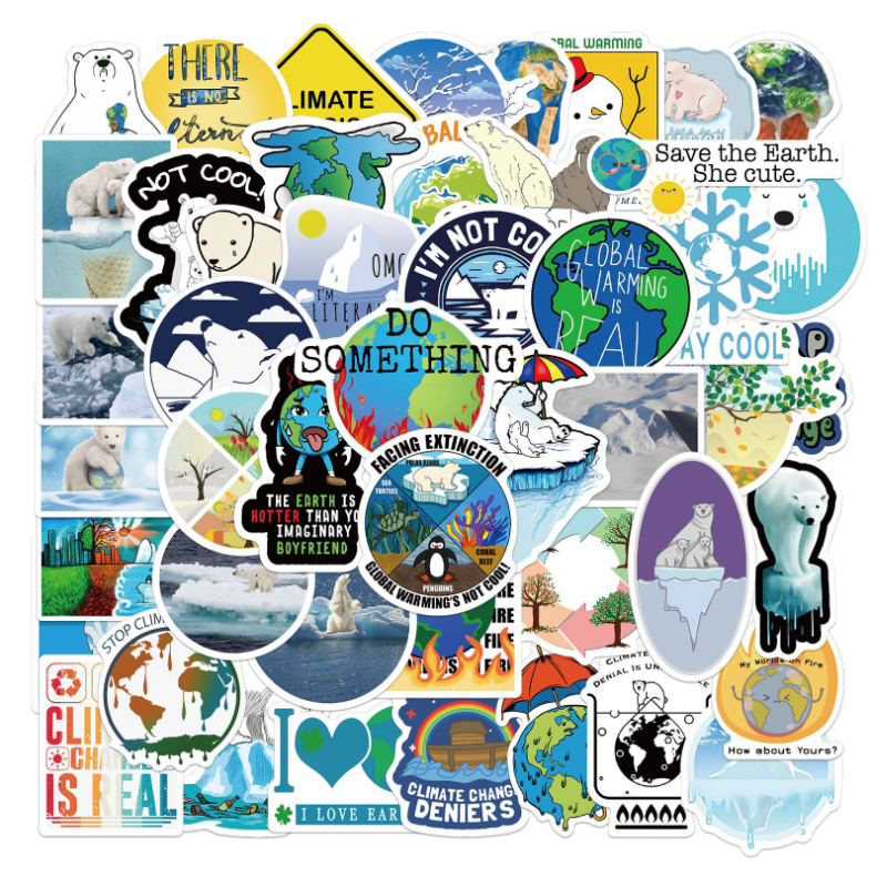 50张全球气候变化涂鸦贴纸行李箱拉杆箱手机壳笔记本防水贴纸贴画