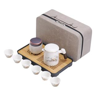 旅行茶具便携车载露营户外泡茶高档羊脂玉瓷一壶六杯套装礼品定制