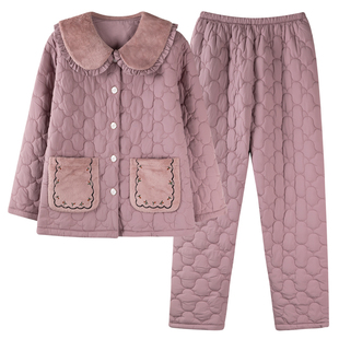 芬腾可安冬季女士羽绒服夹棉睡衣三层加绒加厚中年妈妈轻薄家居服