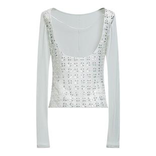 cheap art label 一字领露背珠片灰蓝色长袖半透明打底衫女26新款