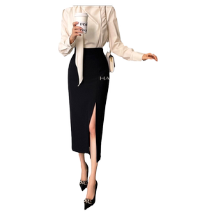 2025新款裙子中长裙秋季高腰修身裙西装面料不规则开叉包臀半身裙