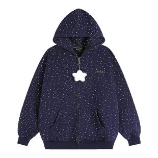 INSstudios 国潮美式「星星满印加绒连帽卫衣」宽松拉链开衫外套