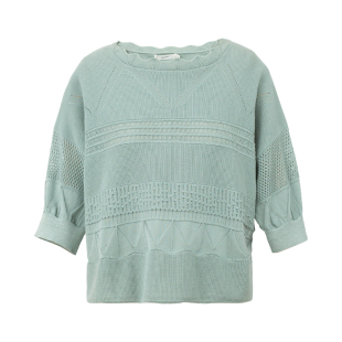 HONRN/红人绿色宽松短款薄款七分袖镂空针织衫上衣女夏HH22OM964