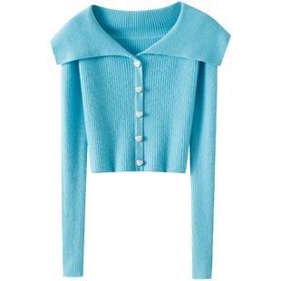 启超官方！大翻领珍珠扣100%纯羊绒开衫女假开衫弹力针织外套秋冬