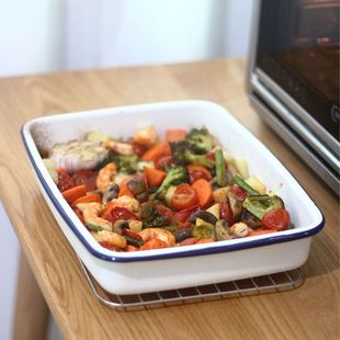 日式 加厚卷边搪瓷长方形料理盘鱼肉腌制深盘烤箱烤肉盘珐琅备餐盘