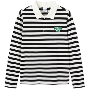 PUMA彪马童装秋季新款儿童长袖t恤条纹拼接撞色POLO衫亲肤上衣