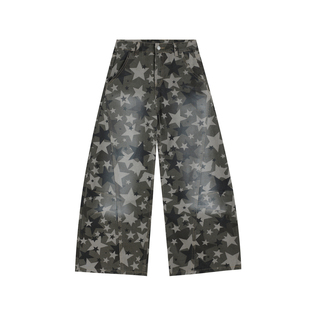 INSstudios 国潮牌美式复古满印星星渐变弯刀牛仔裤宽松直筒长裤
