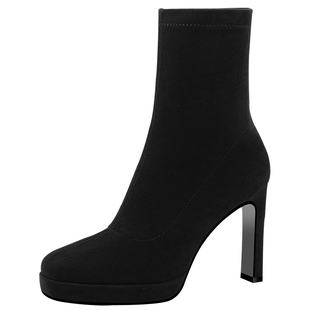 黑色方头袜靴女2025秋季新款中筒靴瘦腿粗跟厚底高跟防水台弹力靴