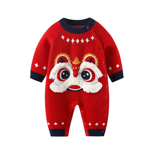 婴儿连体衣秋冬男宝宝满月宴衣服喜庆百天周岁拜年服女宝红色衣服