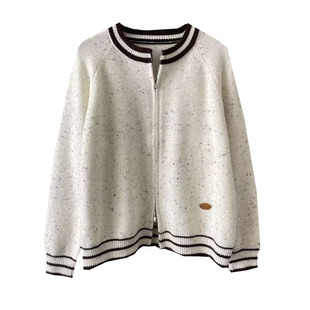 秋冬学院风撞色圆领双拉链毛衣杂色花线软糯厚实针织衫开衫外套女