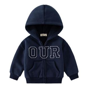 童装一体绒男童加绒外套早春连帽宝宝儿童加薄绒抓绒拉链卫衣开衫