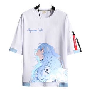 绫波丽EVA联名纯棉假两件短袖T恤衫福音战士动漫周边休闲上衣服男