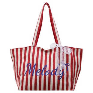日系ins双面红色条纹帆布包包女大容量单肩包学生通勤上班托特包