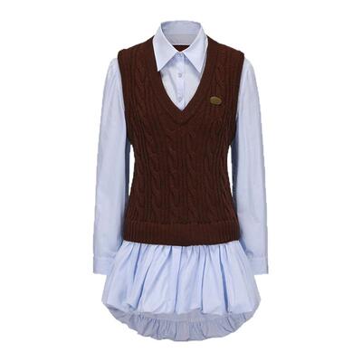 LACERTA 2025秋季新款条纹针梭拼接马甲衬衫连衣裙女学院风连衣裙