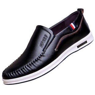 男士休闲皮鞋韩版潮流百搭懒人一脚蹬男鞋青年软底软面皮黑色板鞋