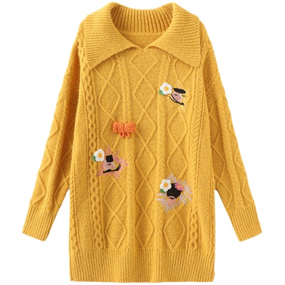 tanni宽松甜美翻领中长款针织衫