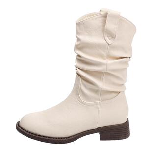 真皮白色短靴女2026新款春秋粗跟复古褶皱堆堆靴加绒内增高马丁靴