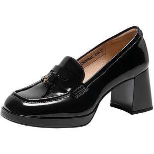 【迪丽热巴同款】千百度静音系列漆皮粗高跟鞋女2025新款乐福鞋