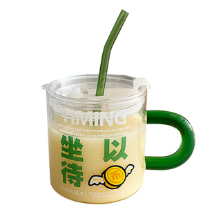 600ml大容量耐热玻璃水杯家用办公室带盖牛奶杯创意印花吸管杯子