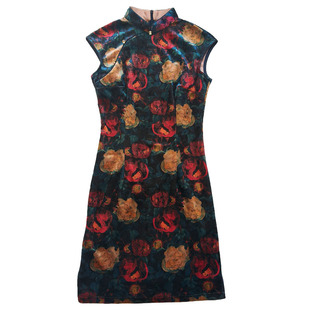 妖精的衣见钟情新中式秋冬无袖丝绒旗袍复古大花修身性感包臀短款