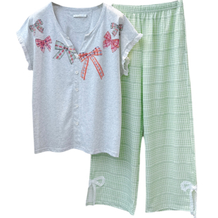 Gill Aimar小熊家睡衣女夏季甜美蝴蝶结八分裤短袖家居服套装8557