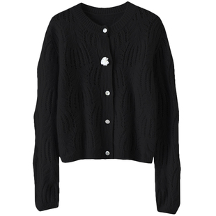 豪门媳妇！花朵扣100%羊绒开衫女纯羊绒毛衣镂空针织开衫外套秋冬