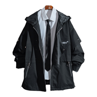 soinku日系夹克潮牌早秋季风衣外套男生黑色工装冲锋衣中性风穿搭