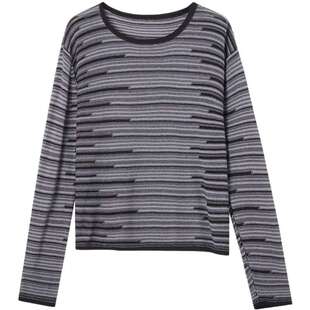 德玛纳慵懒风撞色条纹线衫女春秋新款轻薄圆领小个子针织衫上衣