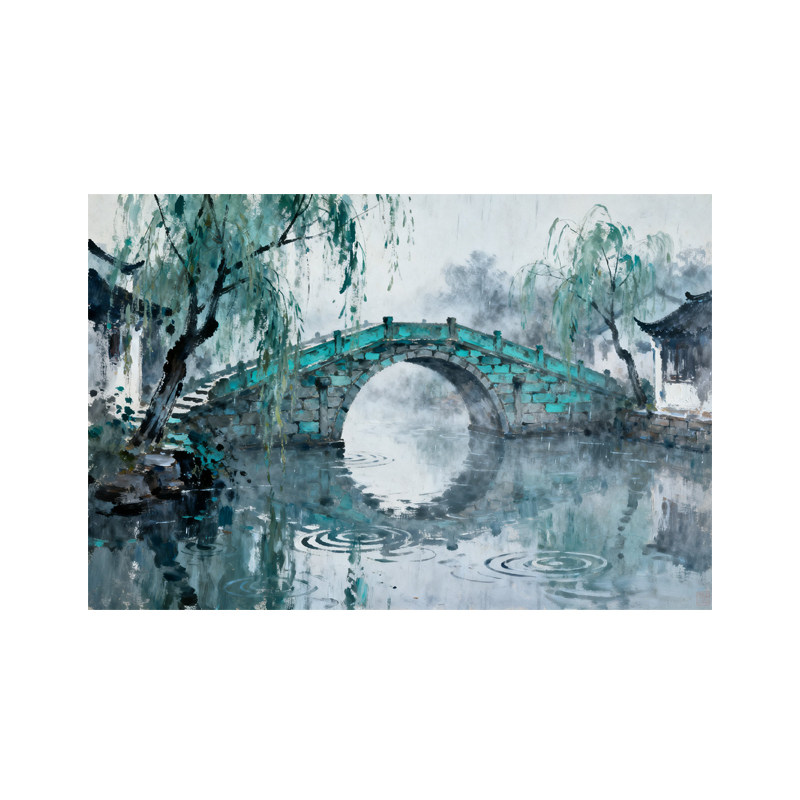 可班江南古桥手绘油画艺术挂画