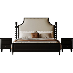 中古风实木床1米8法式复古主卧双人软包大床黑色1米5储物次卧皮床